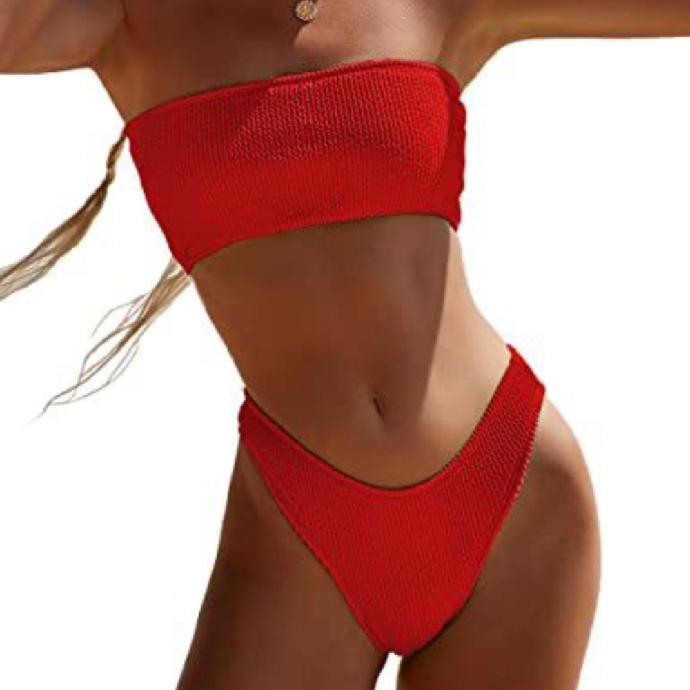 Vibrant Red High-Cut Bandeau Bikini, Textured, New in Bag, Size L